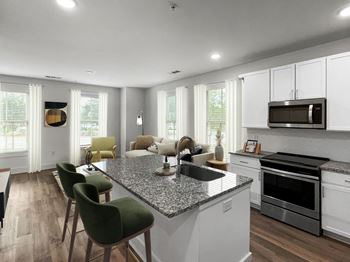 a renovated kitchen and living room with a granite counter top and white cabinets at The Merchant Apartments, Charleston
