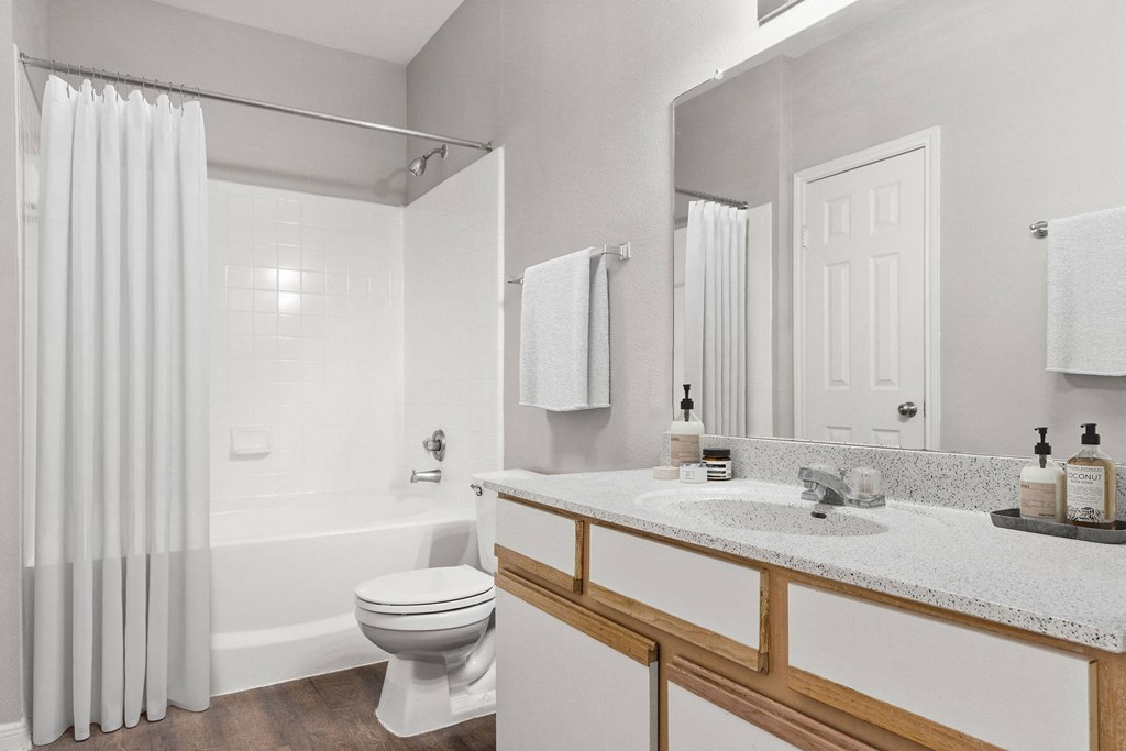 a bathroom with a sink and a toilet and a shower at Veranda at Centerfield, Houston