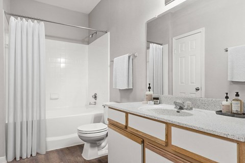 a bathroom with a sink and a toilet and a shower at Veranda at Centerfield, Houston