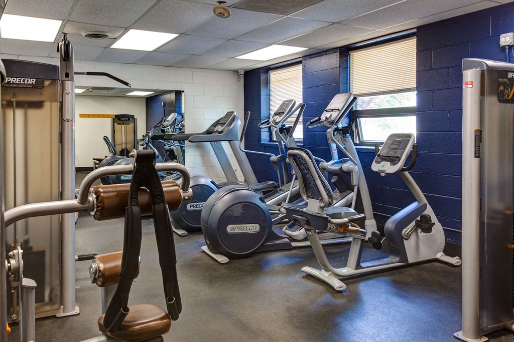 a gym with cardio equipment and weights in a building at Willow Hill Apartments, Justice, Illinois