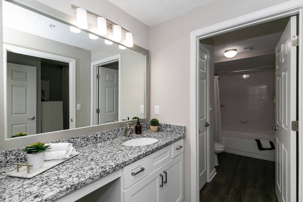 a bathroom with a sink and a mirror and a shower a bathroom with a sink and a mirror and a shower at Willowest in Collier Hills, Georgia, 30318
