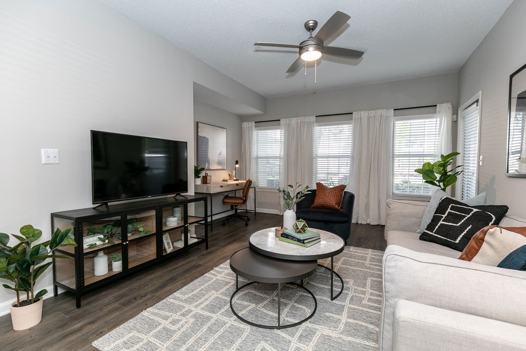 an open living room with a couch and a tv an open living room with a couch and a tv at Willowest in Lindbergh, Georgia, 30318