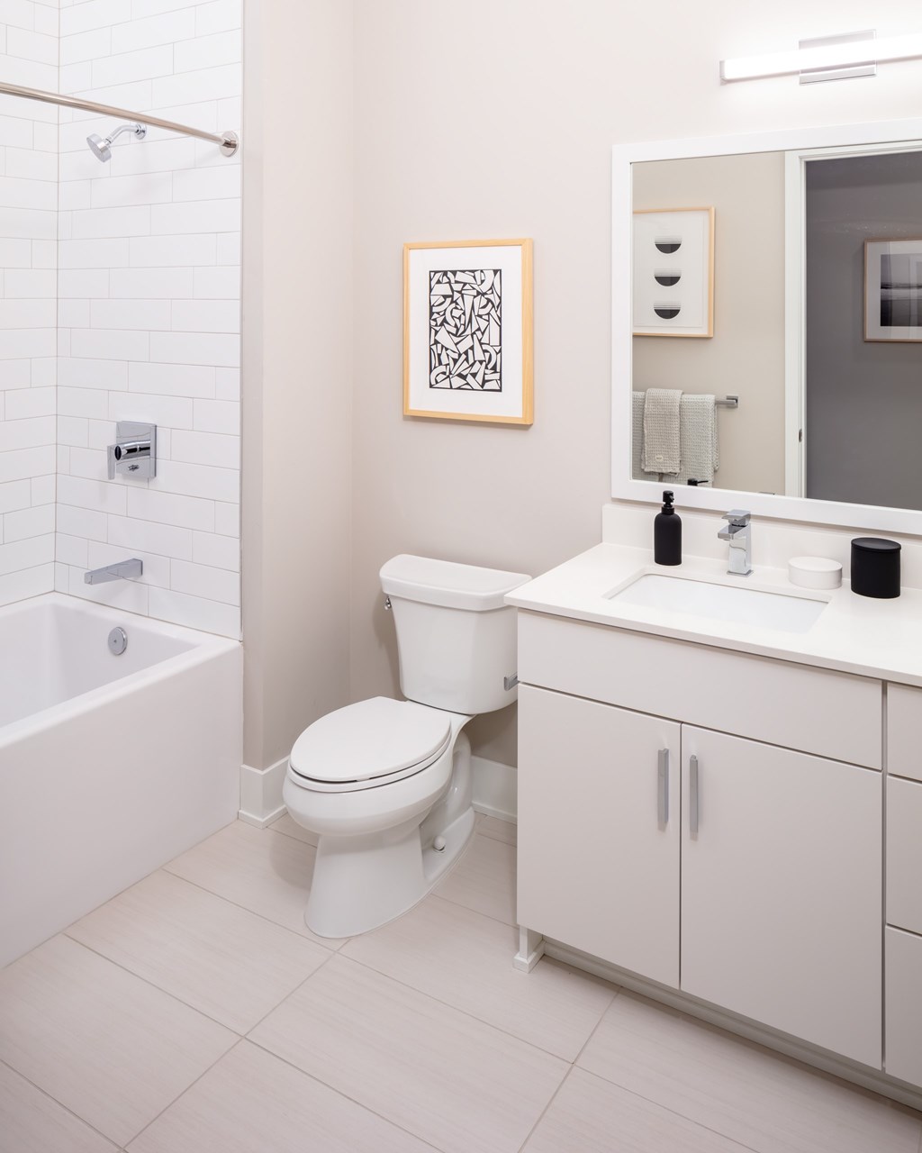 Large Soaking Tub In Bathroom with white cabinets at 365 Nicollet, Minneapolis, 55401
