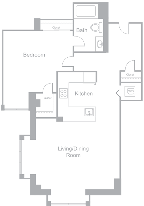 A6 One Bedroom One Bath Floor Plan | 955 Sq. Ft. at Amelia, Quincy, MA, 02169