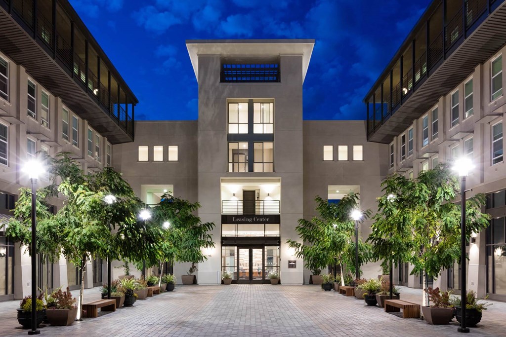 Front facing view of exterior of the Aventine building at Aventine, Hercules, California