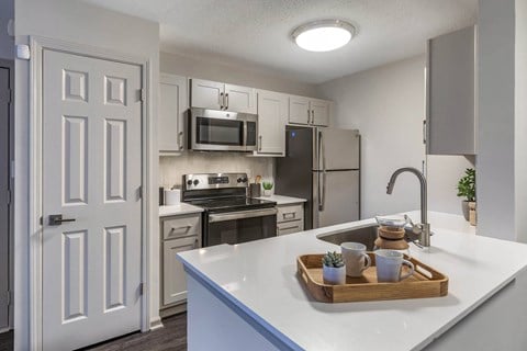 a kitchen with stainless steel appliances and a white counter top at Roswell Village, Roswell, Georgia