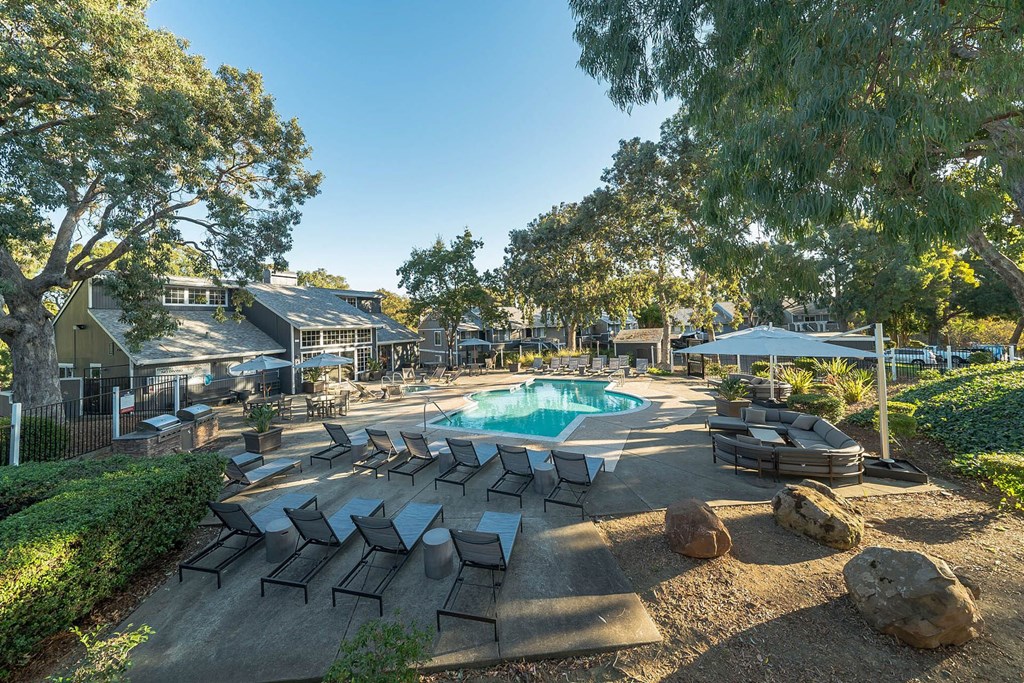 a pool with lounge chairs and trees around it at Bay Village, California, 94590