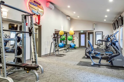 A gym with a variety of equipment including treadmills, weights, and exercise balls.