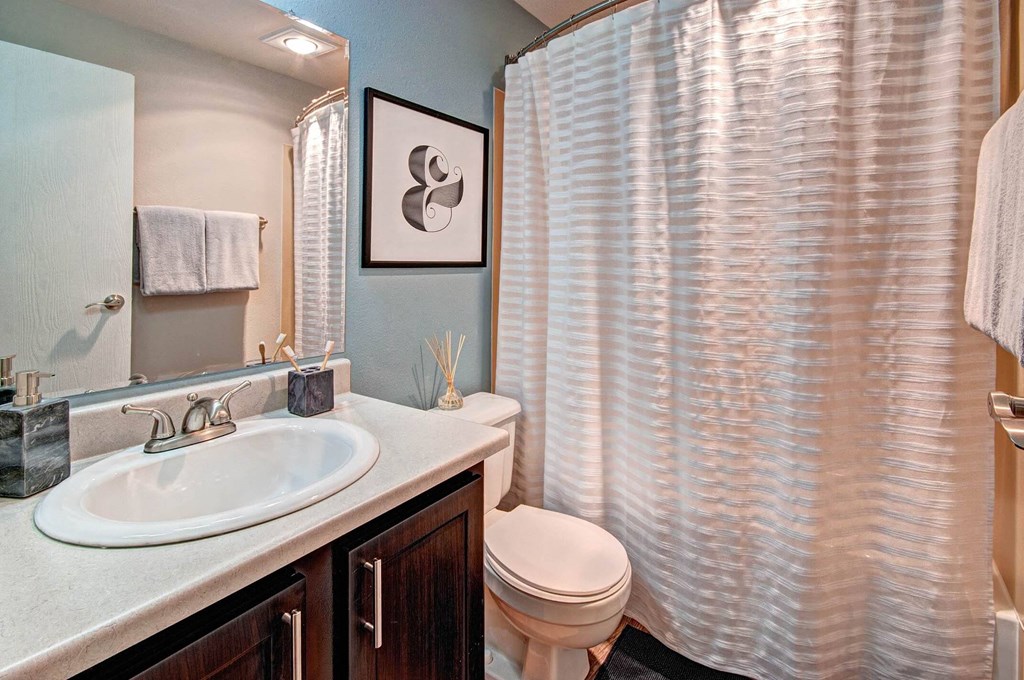 A bathroom with a white sink, toilet, and a shower curtain at Brackett Apartments, Edmonds, WA, 98020
