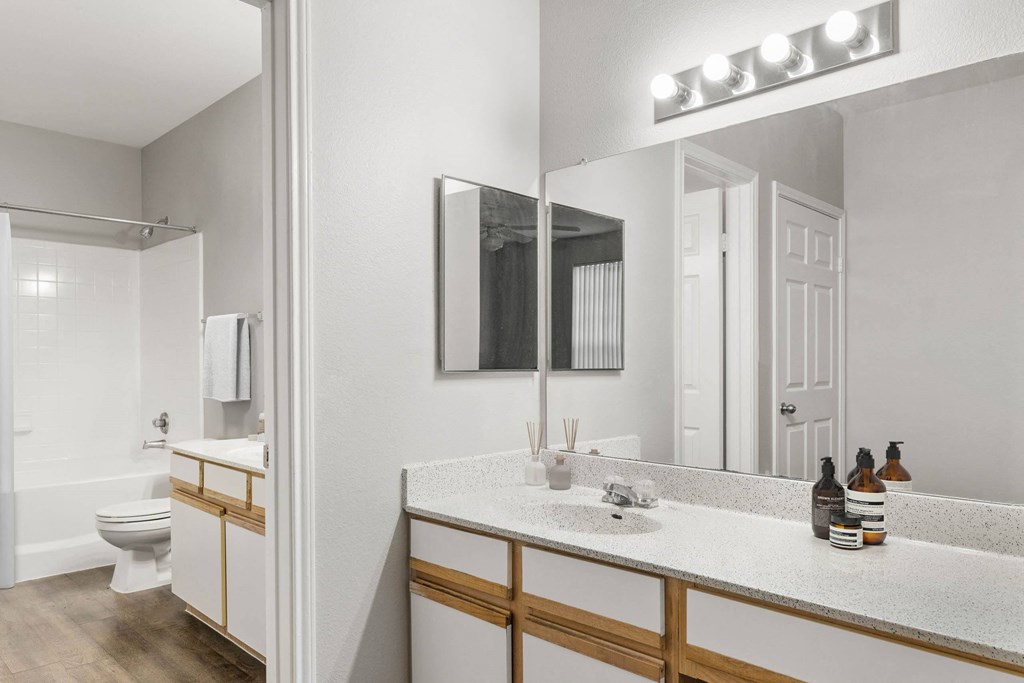 a bathroom with a sink and a mirror at Veranda at Centerfield, Houston, Texas