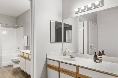 a bathroom with a sink and a mirror at Veranda at Centerfield, Houston, Texas