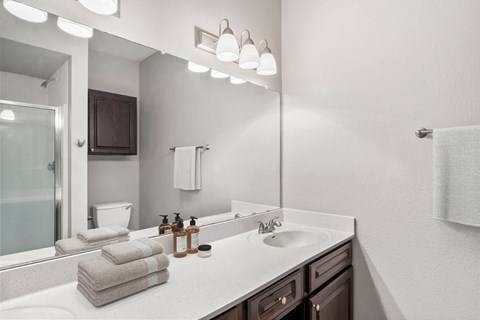 a bathroom with a sink and a mirror at Veranda at Centerfield, Houston