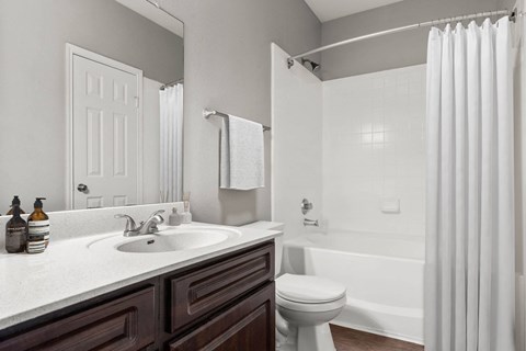 a bathroom with a sink and a toilet and a shower at Veranda at Centerfield, Houston