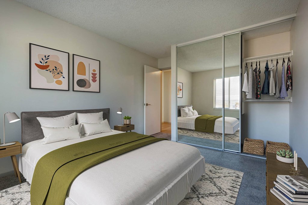 a rendering of a bedroom with a bed and a closet at Delphine on Diamond, San Francisco