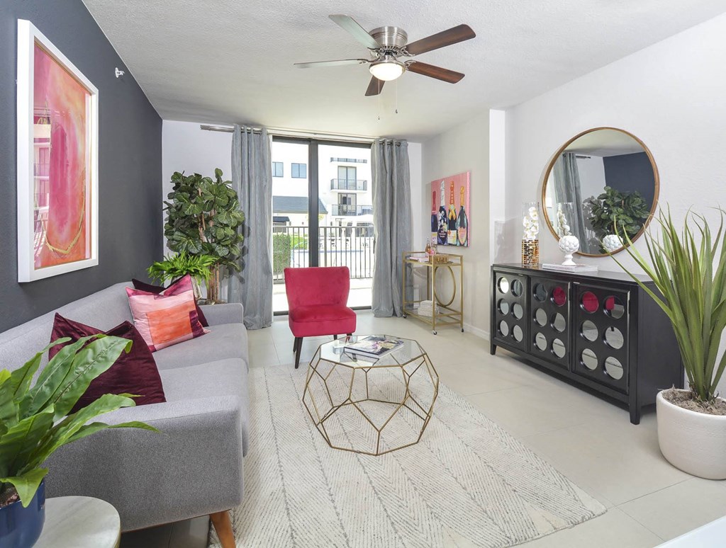 spacious living area with tile flooring | District West Gables Apartments in West Miami, Florida