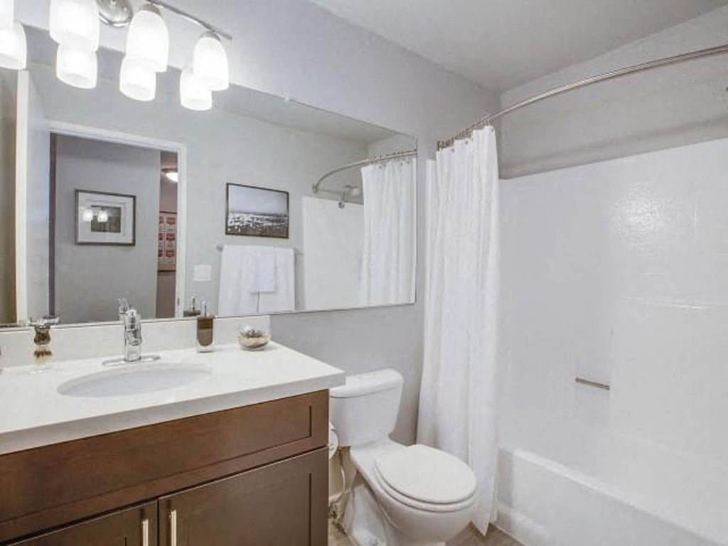 Newly upgraded bathroom with spacious countertops  at Duet on Wilcox, Los Angeles