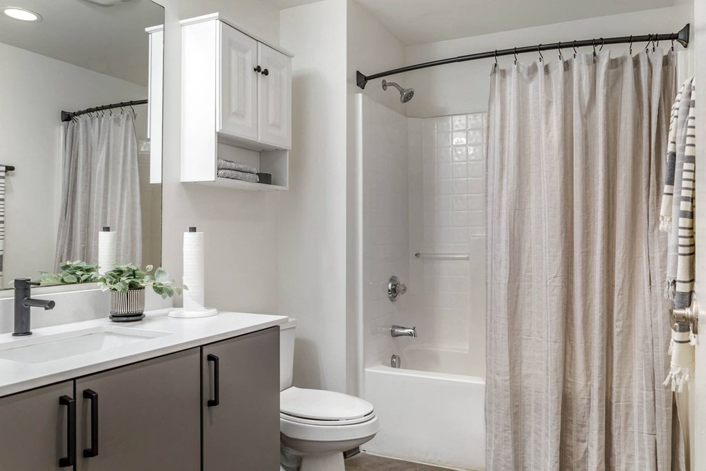 a bathroom with a shower and a sink and a toilet at Highland Mill Lofts, Charlotte, North Carolina