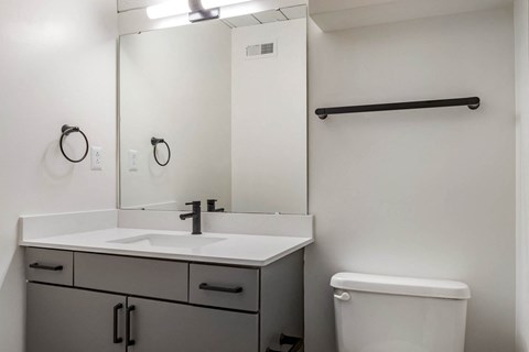 a bathroom with a sink and a mirror and a toilet at Highland Mill Lofts, North Carolina