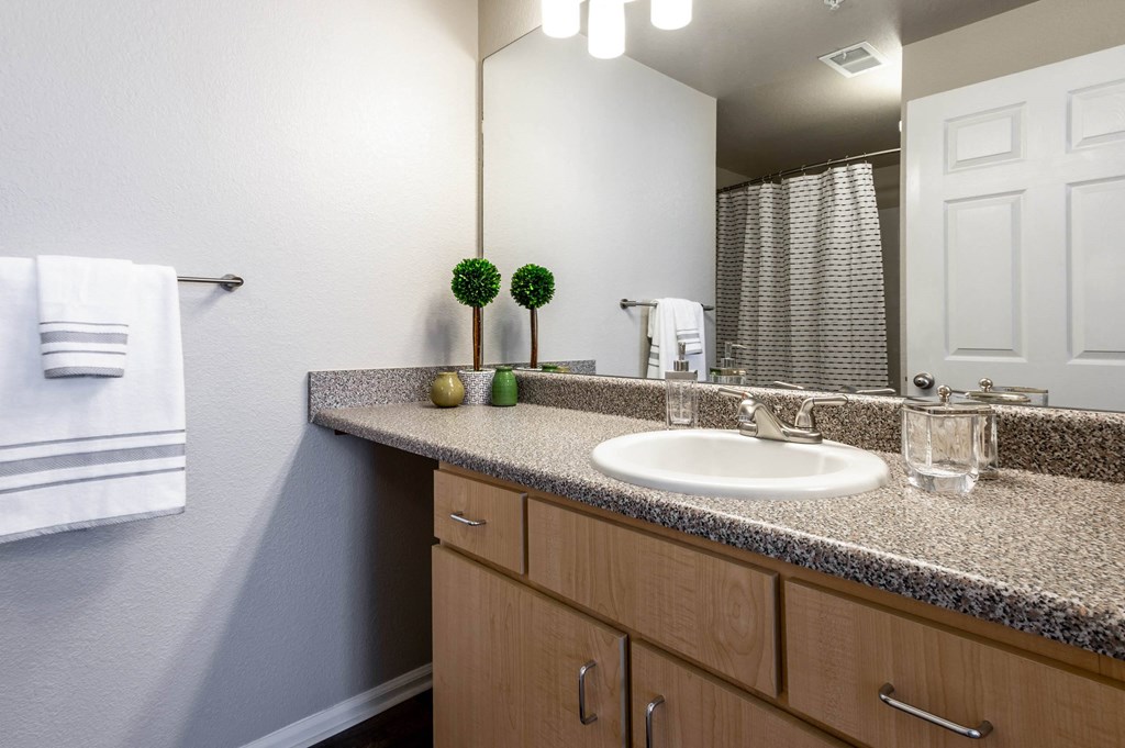 a bathroom with a sink and a mirror at Apartments at Denver Place, Denver Colorado at The links at Plum Creek Apartments, Castlerock, 80104