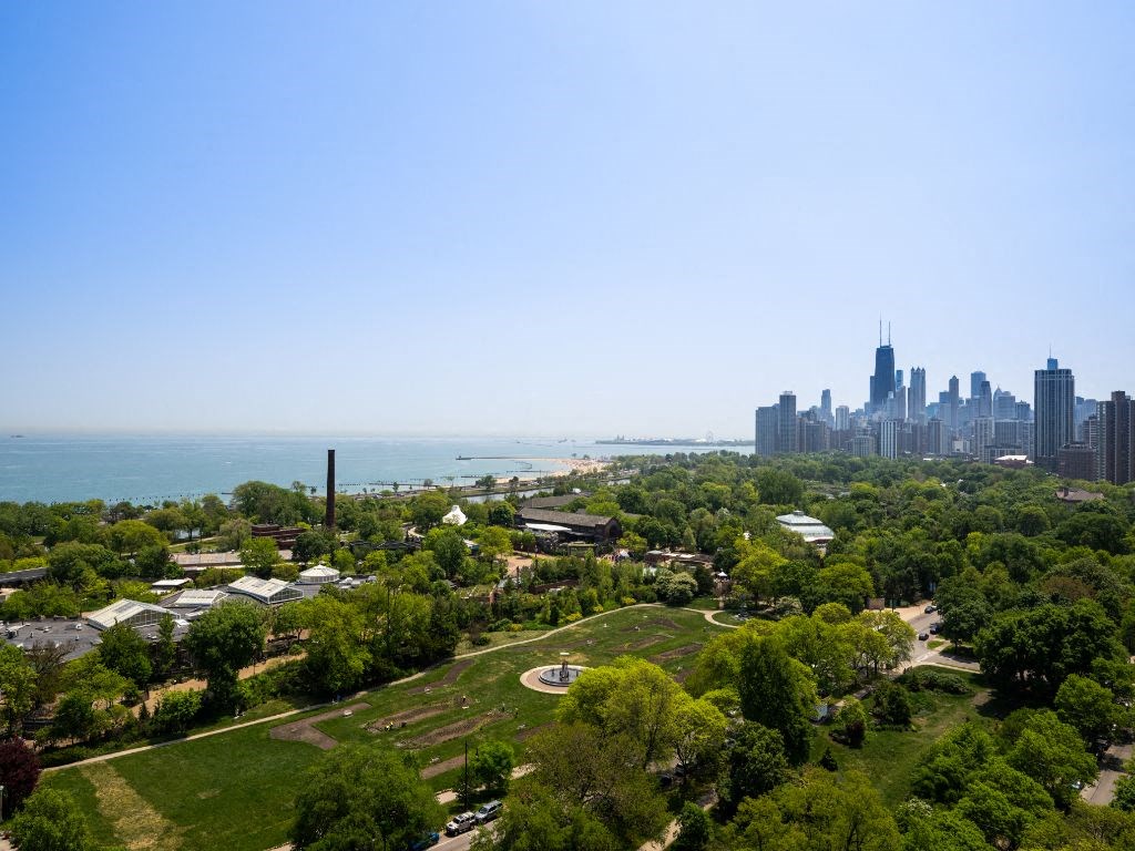 an aerial view of the city and the lake  at The Belden Stratford, Illinois