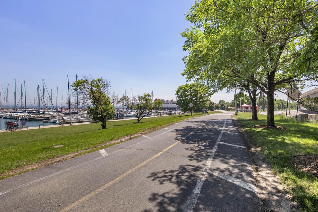 a city street with trees and boats in the water at North Harbor Tower, Illinois, 60601