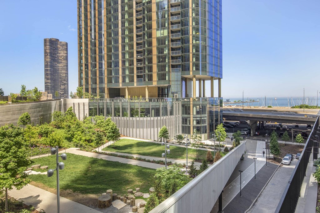 a view of a building and a park with skyscrapers at North Harbor Tower, Chicago, IL