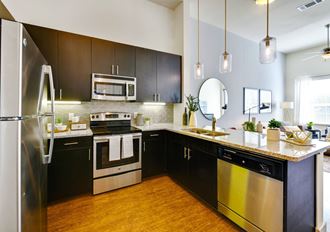 a kitchen with stainless steel appliances and black cabinets at South Side Flats, Dallas, 75215