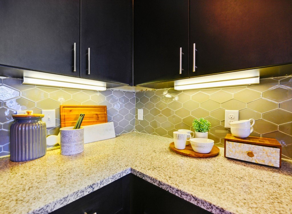 a kitchen with black cabinets and a counter top at South Side Flats, Dallas, Texas