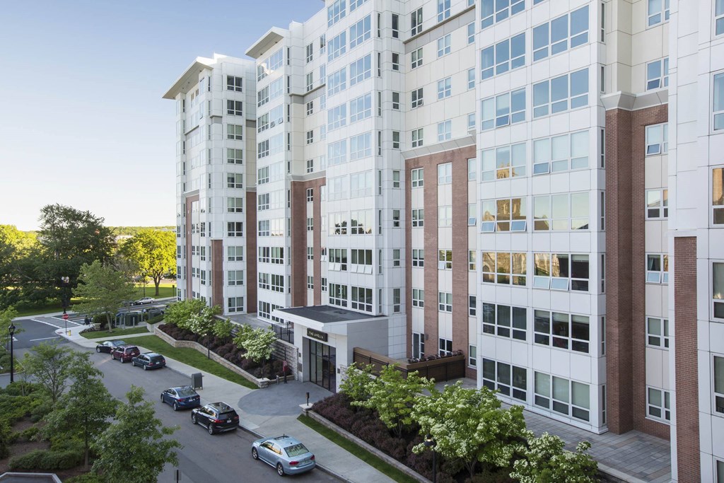 an aerial view of an apartment building on a city street at Amelia, Massachusetts