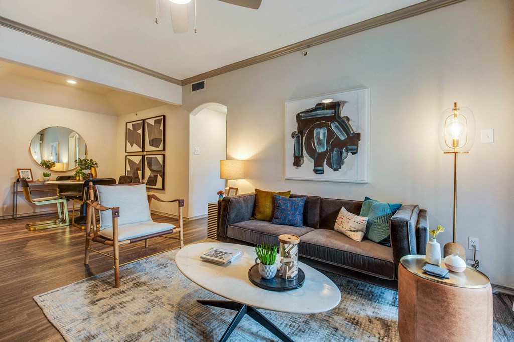 a living room with a couch and a table