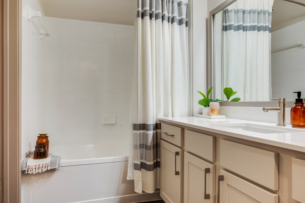 a bathroom with a sink and a shower and a bath tub
