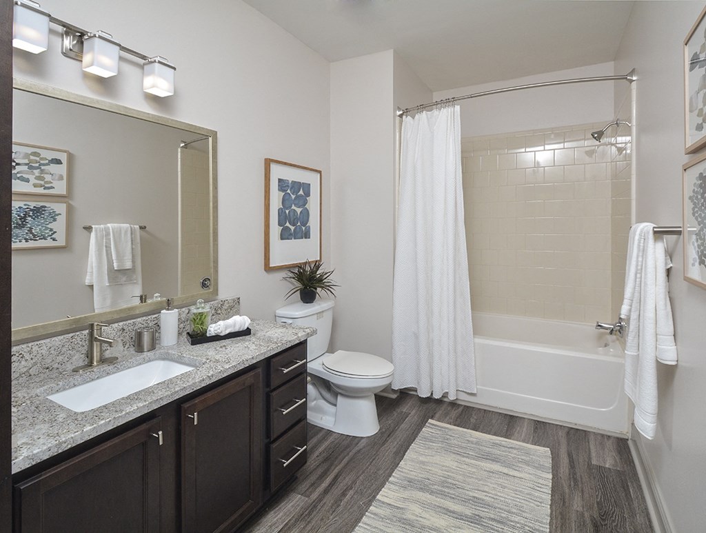 a bathroom with a shower toilet and sink and a mirror at The Tribute, Raleigh, 27612