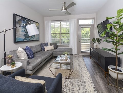 a living room with a gray couch and a coffee table at The Tribute, Raleigh, NC, 27612