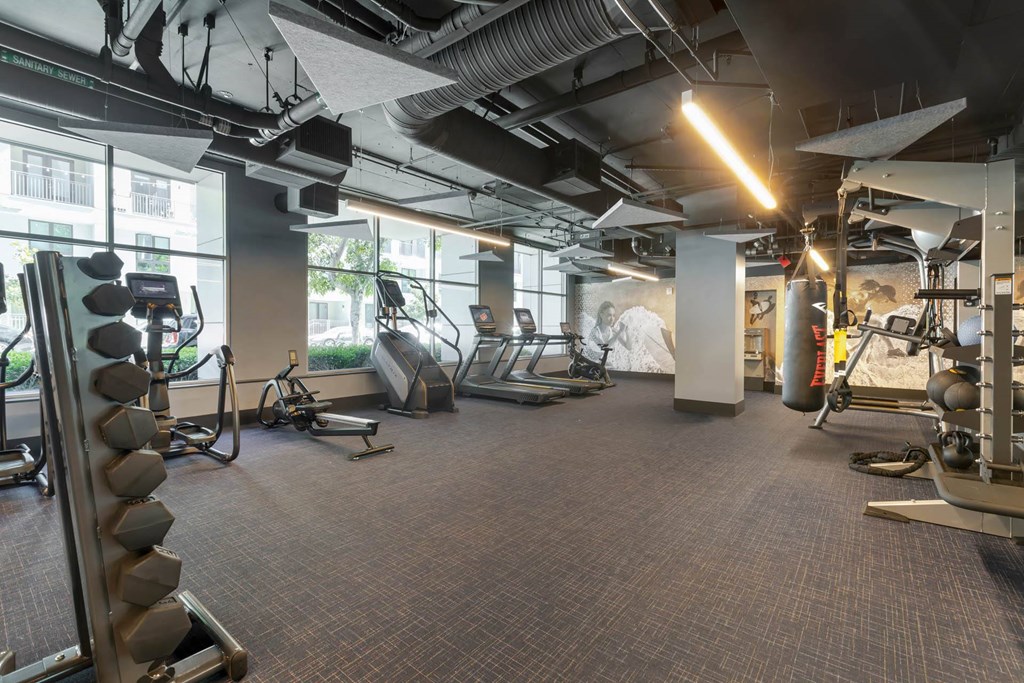a gym with cardio equipment and windows in a building  at Vue, San Pedro, CA, 90731