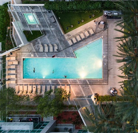 an aerial view of a swimming pool on the side of a building  at Vue, San Pedro, California