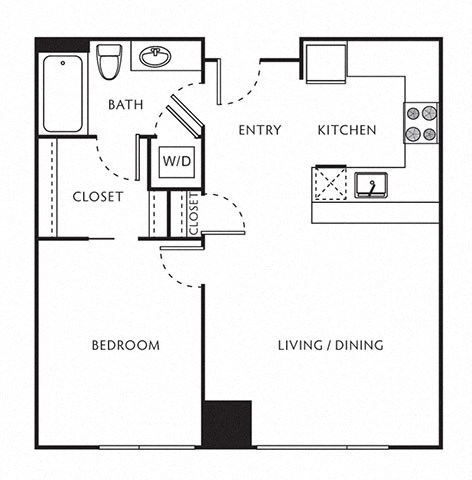 1 Bed 1 Bath Floor Plan with 588 Sq. Ft. at The Parker Apartments, Portland