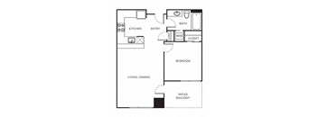 a floor plan of a one bedroom apartment with a kitchen and a living room at The Parker Apartments, Oregon