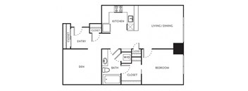 a floor plan of a one bedroom apartment with a spacious living area, luxurious bath, and den at The Parker Apartments, Portland, OR, 97209