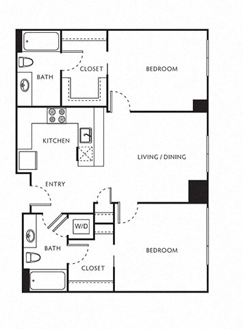 2 Bed 2 Bath Floor Plan with 848 Sq. Ft. at The Parker Apartments, Portland, Oregon