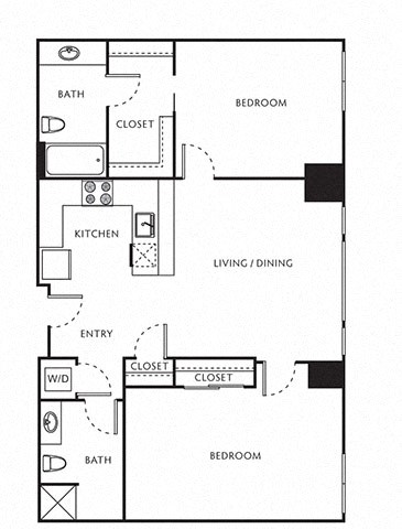 2 Bed 2 Bath Floor Plan with 951 Sq. Ft. at The Parker Apartments, Portland, OR, 97209