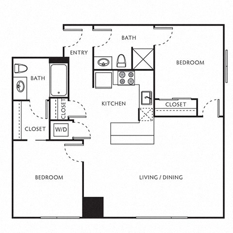 2 Bed 2 Bath Floor Plan with 845 Sq. Ft. at The Parker Apartments, Portland, OR
