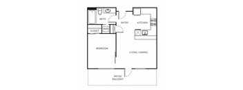 a floor plan of a one bedroom apartment with a spacious kitchen and a balcony at The Parker Apartments, Oregon