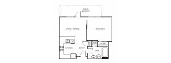 a floor plan of a one bedroom apartment at The Parker Apartments, Portland, 97209