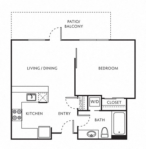 1 Bed 1 Bath Floor Plan with 587 Sq. Ft. at The Parker Apartments, Portland, 97209