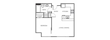 a floor plan of a one bedroom apartment with a spacious kitchen and luxurious bathroom at The Parker Apartments, Portland, Oregon