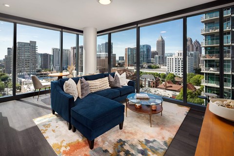 Living room area with view and couch at 903 Peachtree, Atlanta, GA