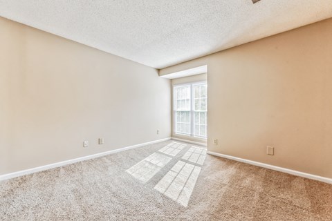 a spacious living room with carpet and a window