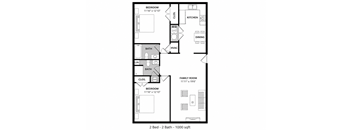 A floor plan of a 2 bedroom, 2 bathroom apartment.
