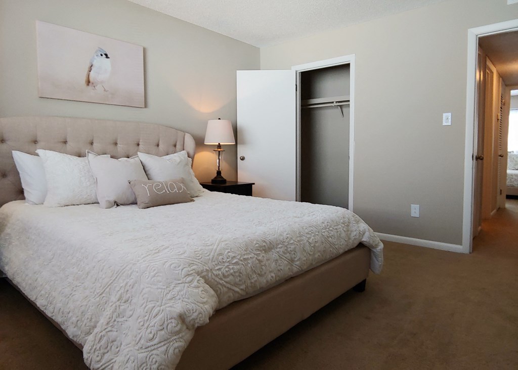 a bedroom with a large bed and a closet