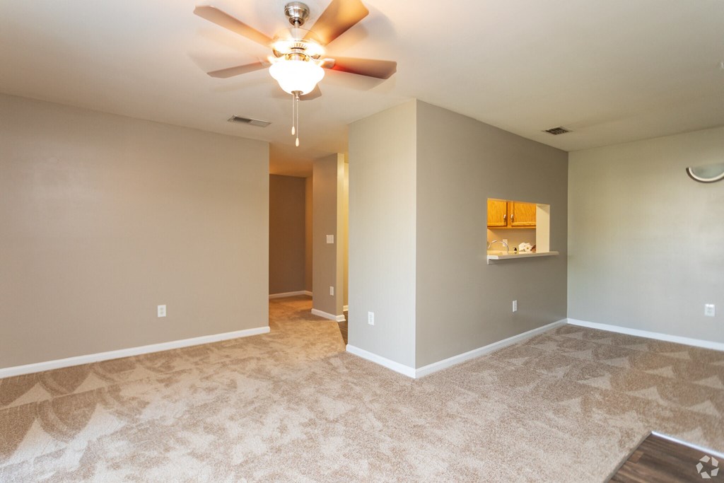 A room with a ceiling fan and carpeted floor.